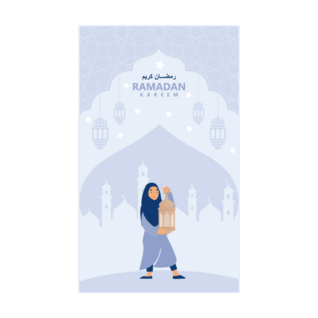 Muslim girl holding lantern with crescent moon and star  Illustration