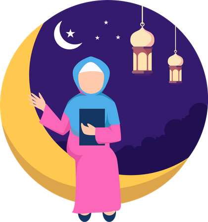 Muslim girl holding Quran book while sitting on moon  Illustration