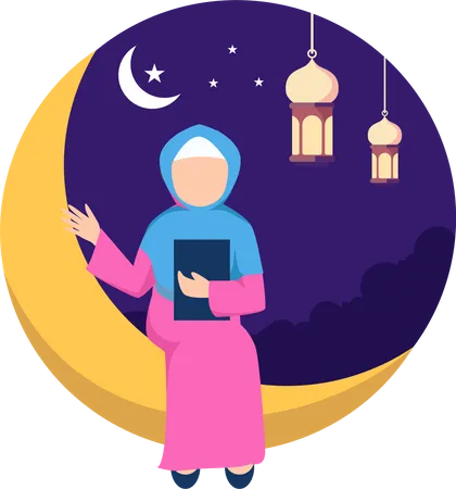 Muslim girl holding Quran book while sitting on moon  Illustration