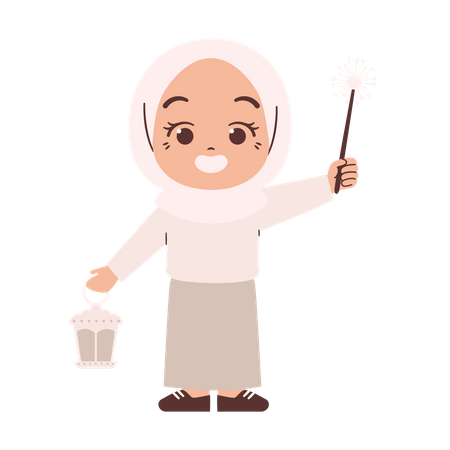 Muslim Girl Holding Sparklers Illustration