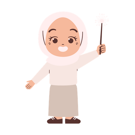 Muslim Girl Holding Sparklers Illustration