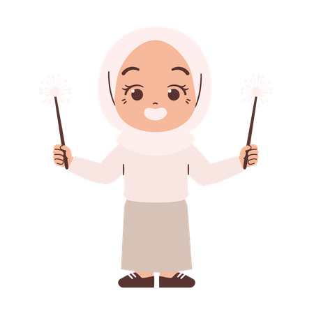 Muslim Girl Holding Sparklers  Illustration