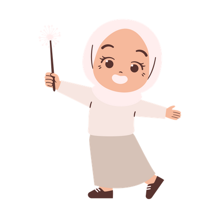 Muslim Girl Holding Sparklers  Illustration