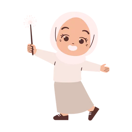 Muslim Girl Holding Sparklers  Illustration