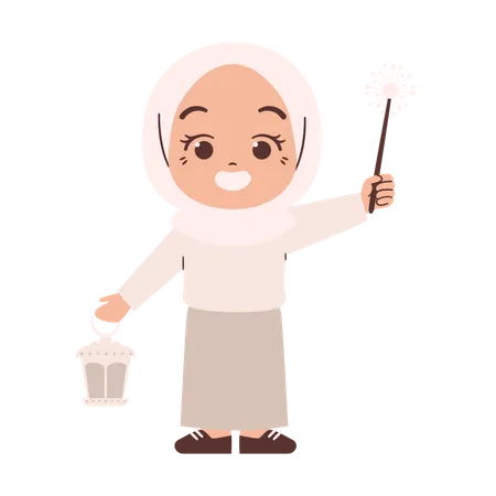 Muslim Girl Holding Sparklers  Illustration