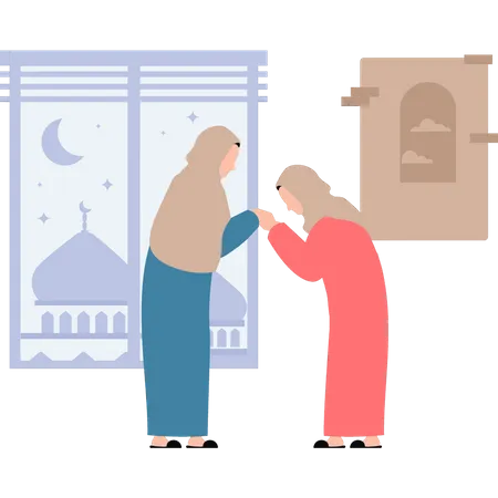 Muslim girl is greeting her mother  Illustration