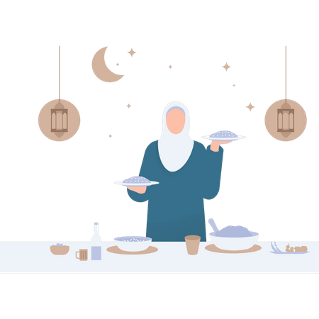 Muslim girl is putting food on the table  Illustration