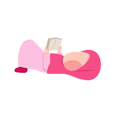 Muslim Girl Lying while Reading Quran Book  Illustration