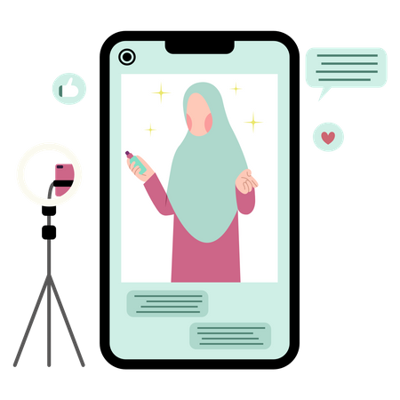 Muslim girl making beauty blog while live streaming  Illustration