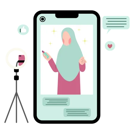 Muslim girl making beauty blog while live streaming  Illustration