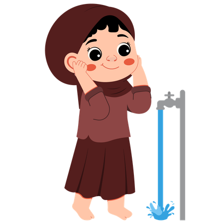 Muslim Girl Performs Ablution Washing Her Ears  Illustration