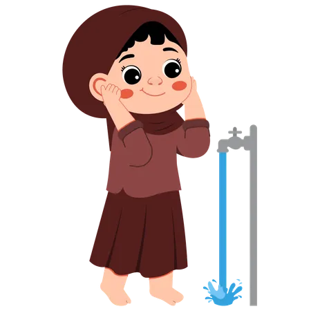 Muslim Girl Performs Ablution Washing Her Ears  Illustration