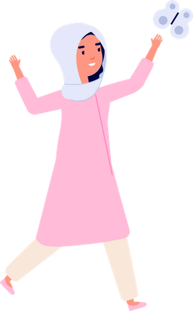Muslim girl playing with butterfly  Illustration