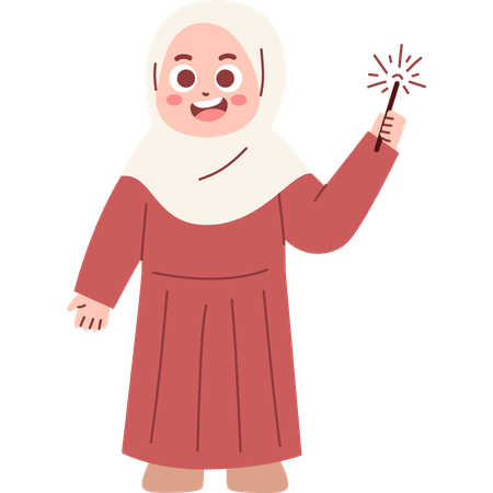 Muslim Girl Playing with Fireworks  Illustration