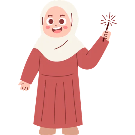 Muslim Girl Playing with Fireworks  Illustration