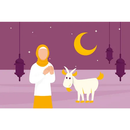 The Girl Is Praying For The Animal Of Eid Al Adha Illustration