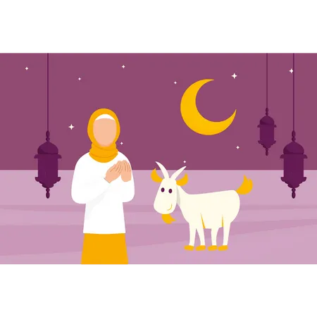 Muslim Girl praying for animal of Eid al-Adha  Illustration