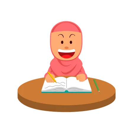 Muslim girl reading book and writing at the table  Illustration