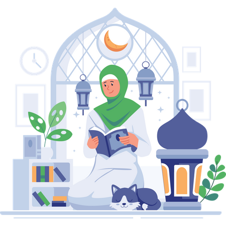 Muslim girl reading Quran book  Illustration