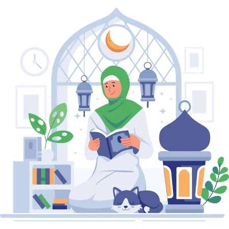 Muslim girl reading Quran book  Illustration