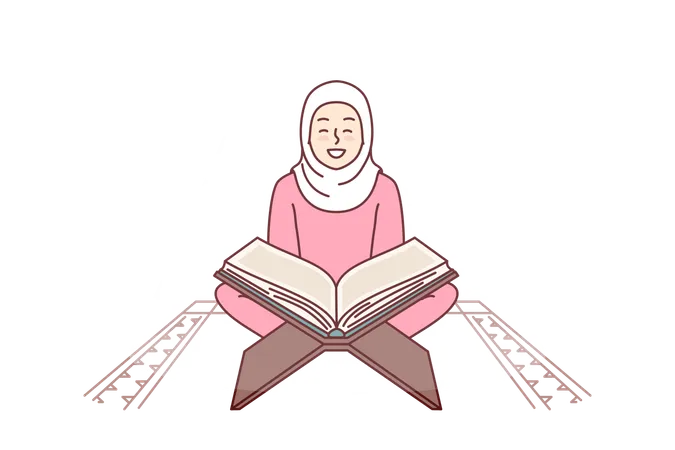 Muslim Girl Reads Holy Book Quran Turning To God Allah Sits In Mosque Or Religious Place For Prayer Positive Woman In Hijab Studying Arabic Quran Getting Islamic Traditional Education Illustration