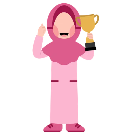 Muslim girl showing thumb up and trophy Illustration