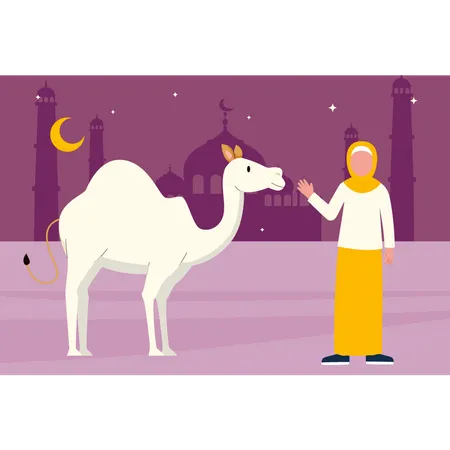 Muslim girl standing next to camel  Illustration