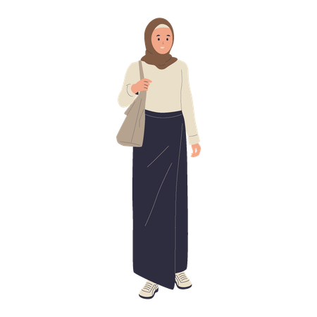 Muslim girl standing with bag  Illustration