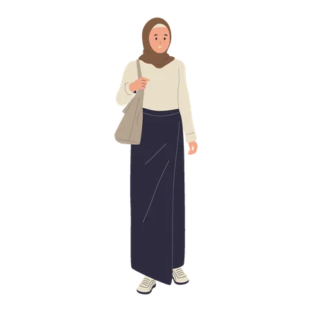 Muslim girl standing with bag  Illustration