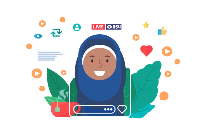 Muslim Girl Streamer Flat Color Vector Character Arabian Blogger Creates Content In Real Life Live Stream Isolated Cartoon Illustration Web Graphic Design On Orange Background Illustration