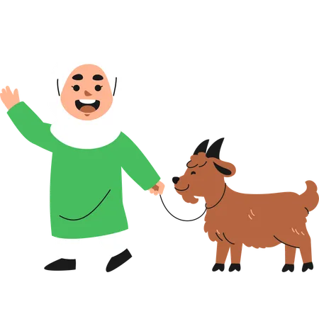 Muslim Girl Walking with Goat  Illustration