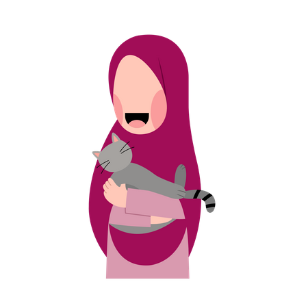 Muslim Girl With Cat Illustration