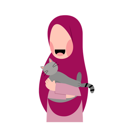 Muslim Girl With Cat  Illustration