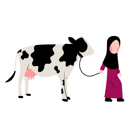 Muslim girl with Cow Illustration