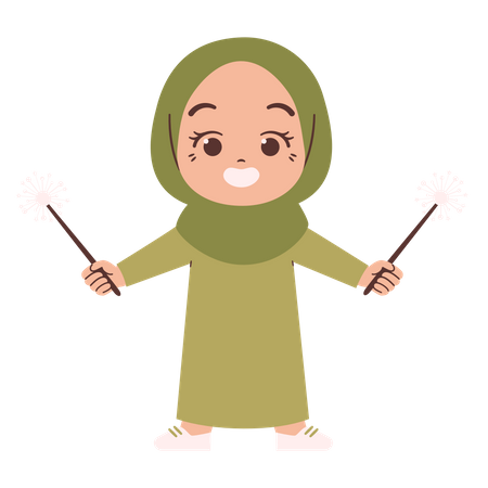 Muslim girl with sparkle sticks  Illustration