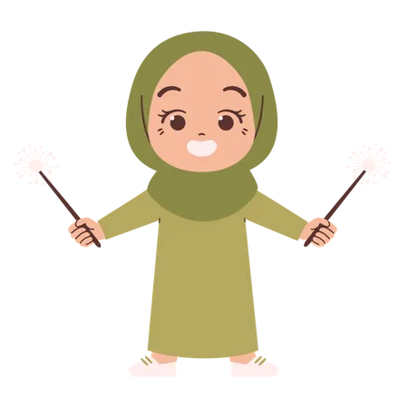 Muslim girl with sparkle sticks Illustration