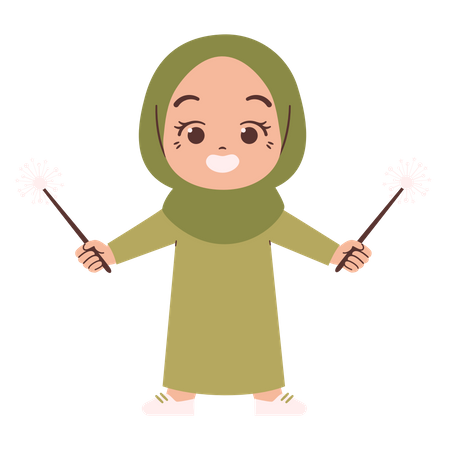 Muslim girl with sparkle sticks  Illustration