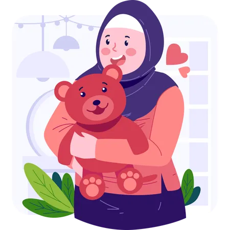 Muslim girl with teddy bear  일러스트레이션