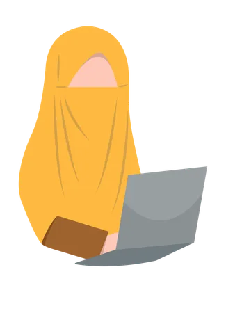 Muslim girl working on laptop  Illustration