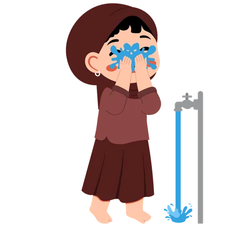 Muslim Girl Wudhu Washing Face  Illustration