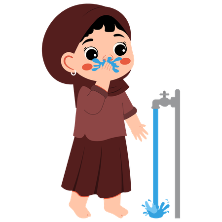 Muslim Girl Wudhu Washing Mouth  Illustration