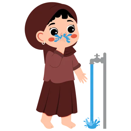 Muslim Girl Wudhu Washing Mouth  Illustration