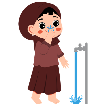 Muslim Girl Wudhu Washing Nose  Illustration