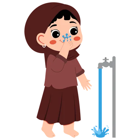 Muslim Girl Wudhu Washing Nose  Illustration