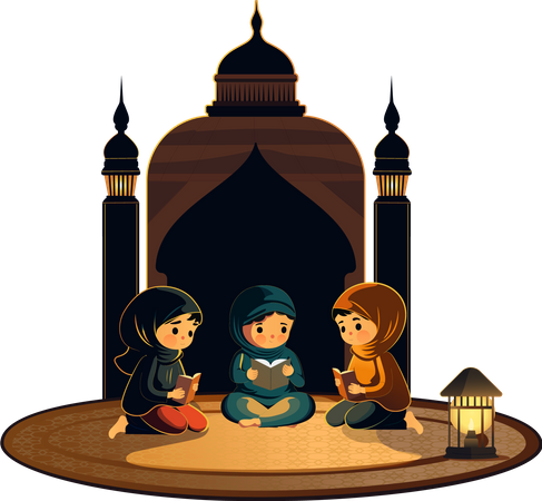 Muslim Girls Reading Holy Book Together  Illustration
