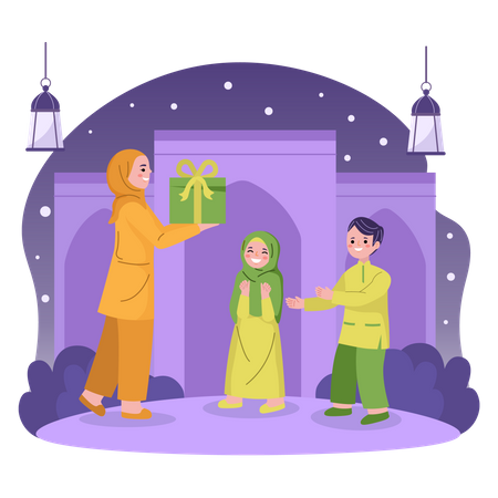 Muslim giving present to kids Illustration