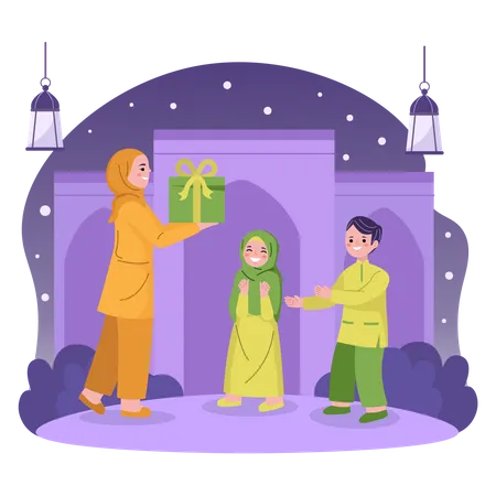 Muslim giving present to kids Illustration