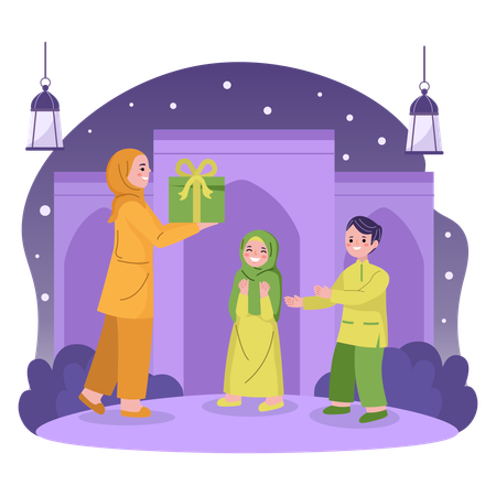 Muslim giving present to kids  Illustration