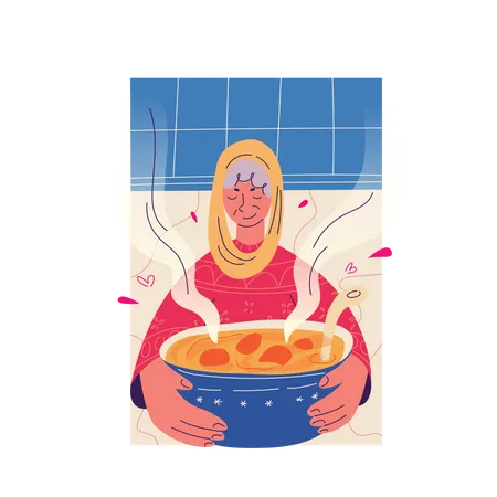 Muslim grandmother serves food  Illustration