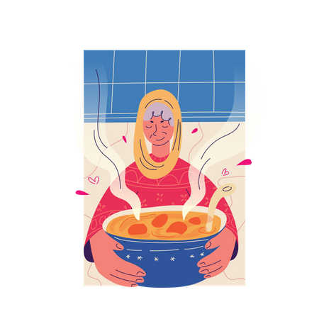 Muslim grandmother serves food  Illustration